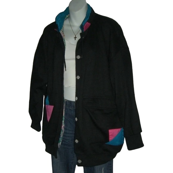 Vintage 80s Jacket Current Seen Black Geometric Stranger Things Mixed Media Pink - Picture 5 of 15